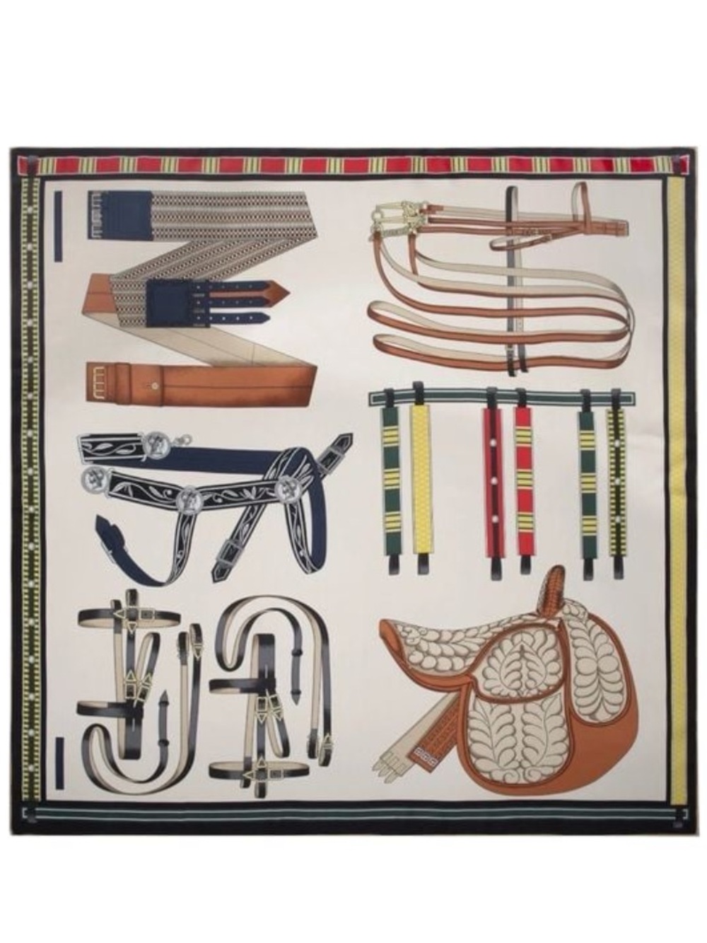 NEW Carolina Lemke Silk Equestrian Print Scarf Cream Tan Navy Hand Rolled Edges
